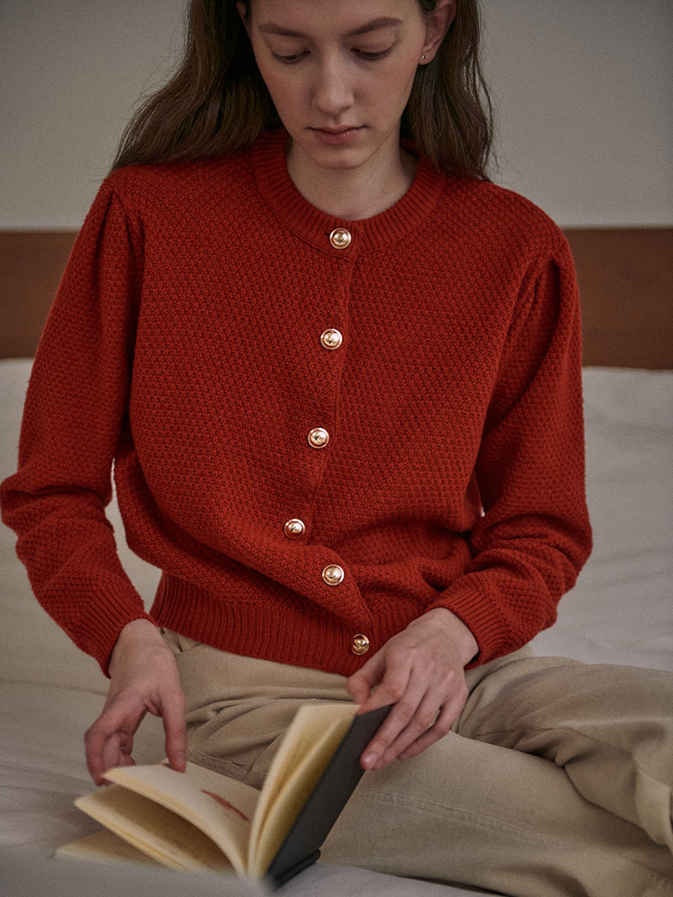 Gold Button Red Cardigan_Red